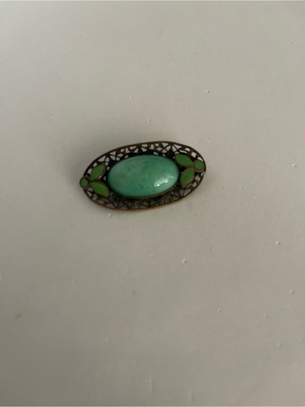 Vintage Czech Green Oval Filigree Pin Brooch